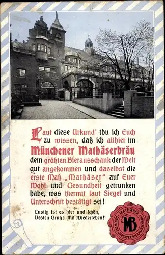 Passepartout Ak München, Mathäser Bräu, Urkunde, Siegel