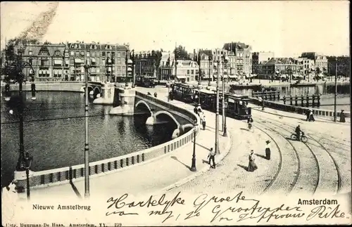 Ak Arnhem Bruxelles Brüssel, Nieuwe Amstelbrug, Straßenbahn auf der Brücke