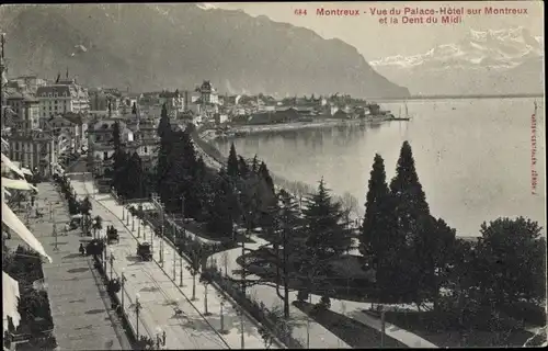 Ak Montreux Kanton Waadt Schweiz, Vue de Palace-Hotel sur Montreux et la Dent du Midi