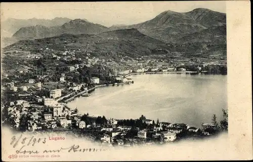 Ak Lugano Kanton Tessin, Blick auf die Stadt mit See