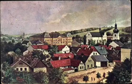 Künstler Ak Tomka, Choceň Chotzen Reg. Pardubice, Celkovy pohled, Gesamtansicht, Kirchturm