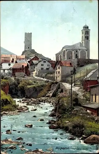 Ak Hospental Kt Uri, Teilansicht mit Kirche