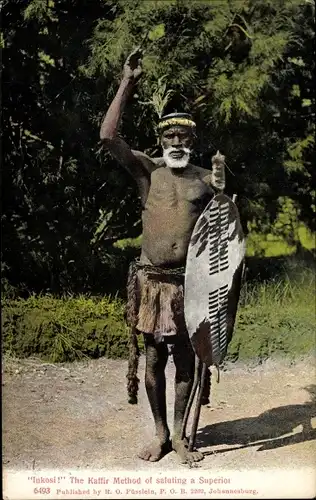 Ak Inkosi, the Kaffir method of saluting a Superior, Afrikaner mit Schild