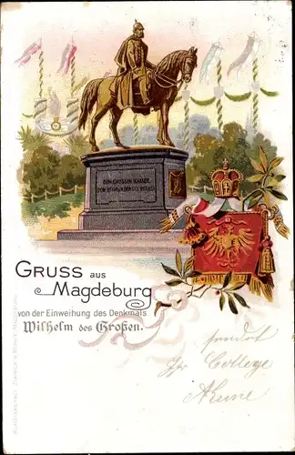 Wappen Litho Magdeburg in Sachsen Anhalt, Ansicht vom Kaiser Wilhelm Reiterdenkmal