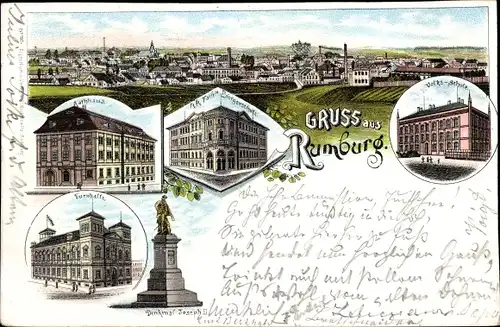 Litho Rumburk Rumburg Region Aussig, Rathaus, Turnhalle, Volksschule, Bürgerschule, Denkmal