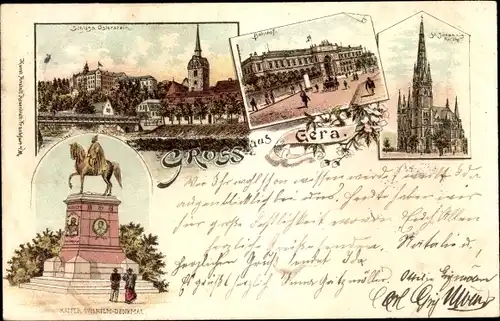 Litho Gera in Thüringen, Johanniskirche, Kaiser-Wilhelm-Denkmal, Schloss Osterstein, Bahnhof