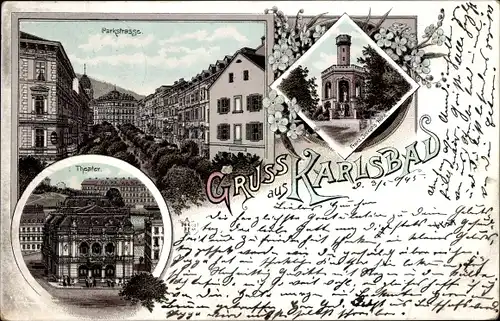 Vorläufer Litho Karlovy Vary Karlsbad Stadt, Parkstraße, Theater, Franz Joseph Höhe