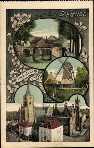 Ak Diksmuide Dixmude Westflandern, Teilansichten, Kirche, Rathaus, Windmühle