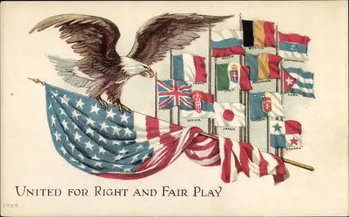 Ak United for Right and Fair Play, Adler, Flaggen, USA, Japan, UK, Frankreich, Russland, Belgien