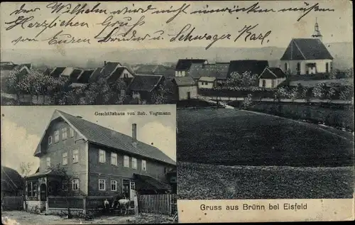 Ak Brünn Kreis Hildburghausen in Thüringen, Geschäftshaus, Blick auf den Ort, Kirche