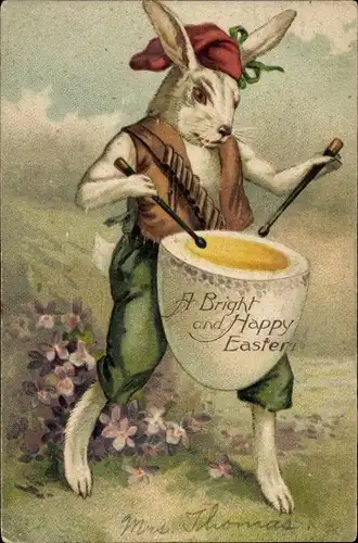 Ak Glückwunsch Ostern, Vermenschlichter Hase mit Ei als Trommel