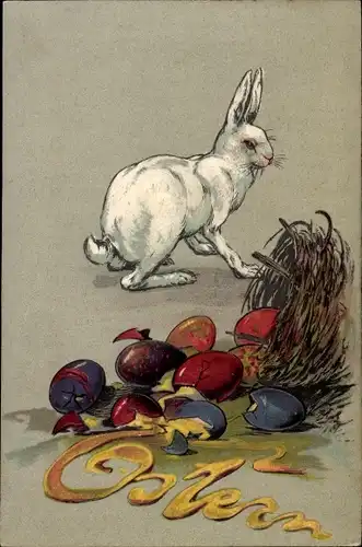 Präge Litho Glückwunsch Ostern, Weißer Hase, zerbrochene Ostereier