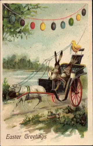 Ak Glückwunsch Ostern, Hasen in einer Kutsche, Lamm, Küken als Kutscher, Ostereier