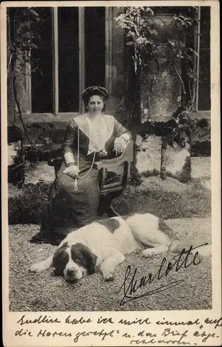 Ak Königin Charlotte von Württemberg mit Bernhardiner, gedrucktes Autogramm, Württemb. Landesverein