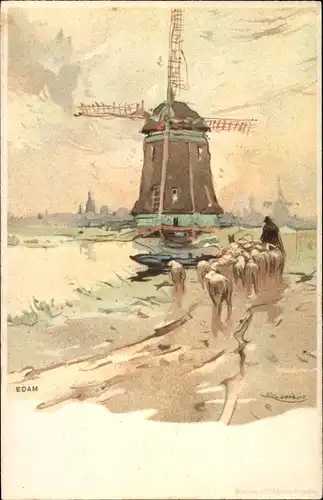 Künstler Litho Cassiens, H., Edam Volendam Nordholland Niederlande, Windmühle, Schafherde