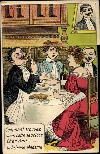 Ak Cmment trouvez vous cette saucisse, Männer und Frauen am Esstisch