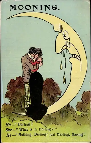 Künstler Ak Mooning, Liebespaar umarmt sich, weinender Mond