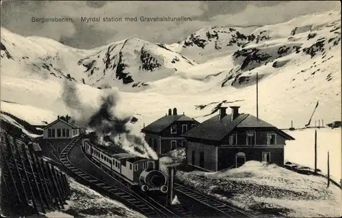 Ak Myrdal Norwegen, Bergensbanen, Gravehalstunellen, Bahnhof, Gleisseite