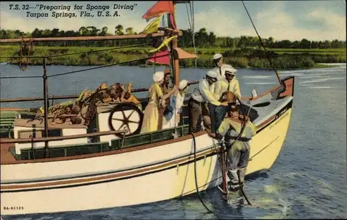 Ak Tarpon Springs Florida, Vorbereitungen zum Schwammtauchen, Taucher, Taucheranzug