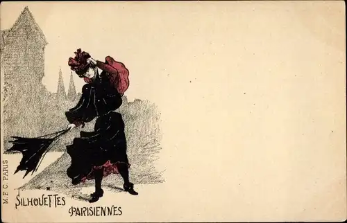 Ak Silhouettes Parisiennes, Frau mit Regenschirm