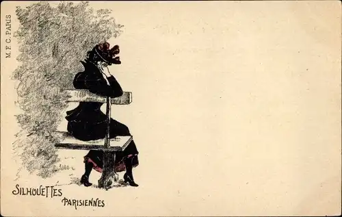 Ak Silhouettes Parisiennes, Frau auf einer Bank