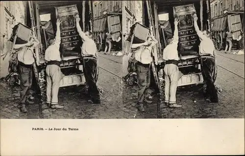 Stereo Ak Paris, Le Jour du Terme, Männer beladen LKW mit Möbelstücken
