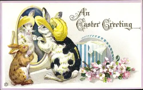 Präge Ak Glückwunsch Ostern, Osterhasen vor dem Spiegel, Federhut