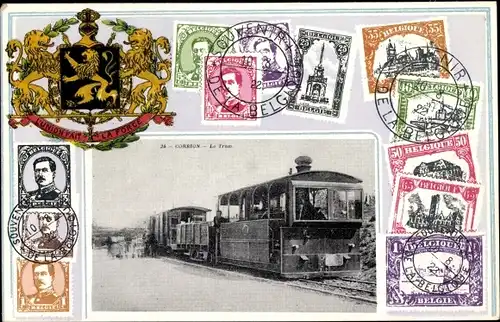 Präge Wappen Briefmarken Ak Corbion Wallonien Luxemburg, Le Tram, Bahnhof
