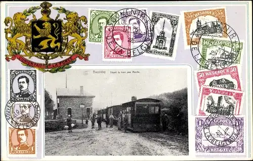 Präge Wappen Briefmarken Ak Baconfoy Tenneville Wallonien Luxemburg, Départ du tram pour Marche