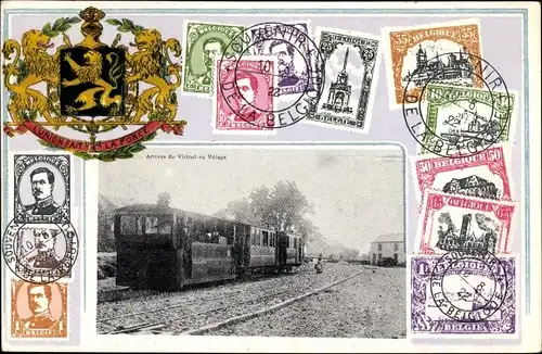 Briefmarken Wappen Ak Belgische Eisenbahn, Ankunft im Bahnhof