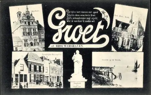 Ak Brouwershaven Zeeland, Stadhuis, Ned, Herv. Kerk, Denkmal