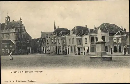 Ak Brouwershaven Zeeland, Stadtansicht, Platz, Denkmal