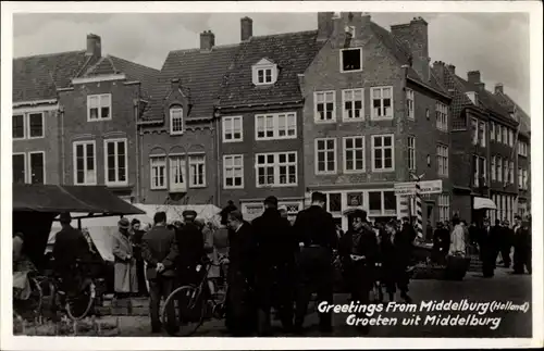 Ak Middelburg Zeeland Niederlande, Markt, Passanten, Häuser