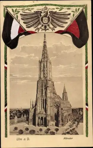 Passepartout Ak Ulm an der Donau Baden Württemberg, Münster, Fahnen