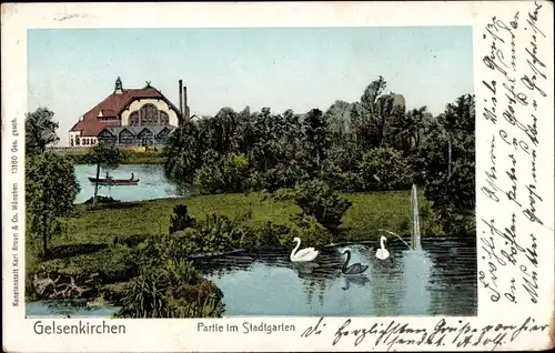 Golden Windows Leuchtfenster Ak Gelsenkirchen im Ruhrgebiet, Partie im Stadtgarten, Teich