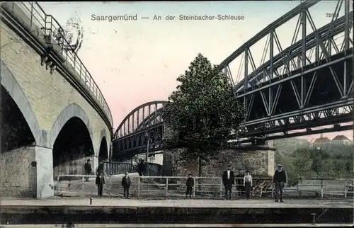 Ak Sarreguemines Saargemünd Lothringen Moselle, Partie an der Steinbacher Schleuse