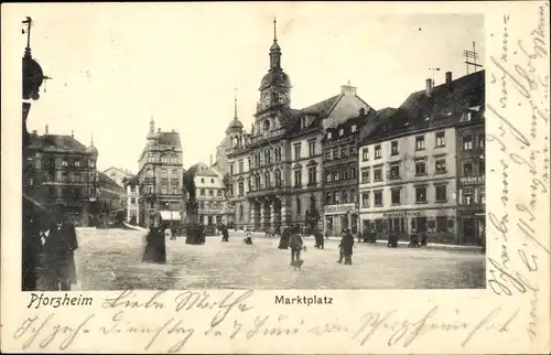 Ak Pforzheim im Schwarzwald, Marktplatz, Rathaus, Denkmal, Geschäftshäuser