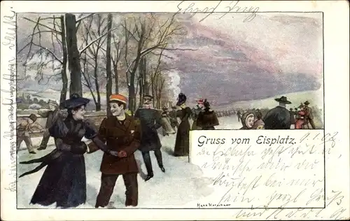 Künstler Ak Gruß vom Eisplatz, Eisläufer, Winteransicht
