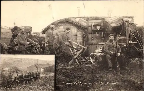 Ak Deutsche Soldaten in Uniformen, Unterstand, Säge, I WK