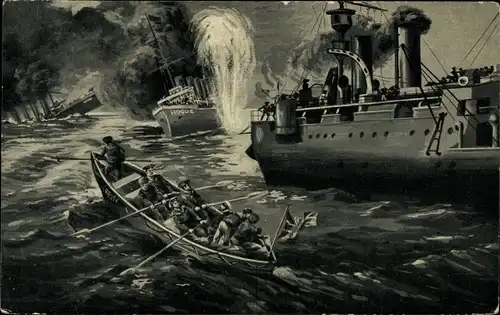 Künstler Ak Deutsches U-Boot U9 vernichtet englische Kreuzer Cressy, Hogue und Aboukier