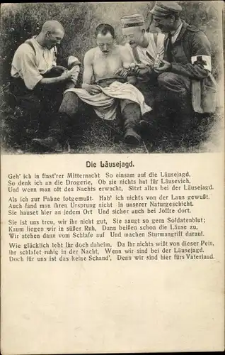 Gedicht Ak Die Läusejagd, Deutsche Soldaten in Uniformen, Sanitäter