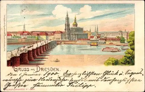 Litho Dresden Altstadt, Brücke, Blick auf die Stadt vom anderen Ufer