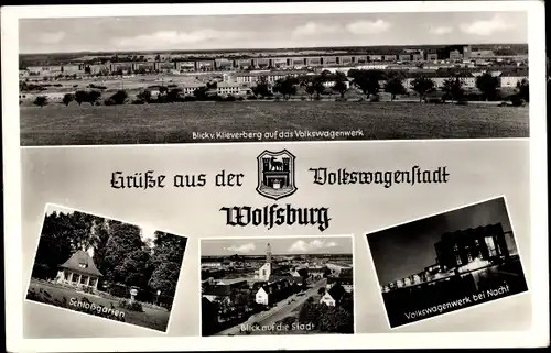 Ak Wolfsburg in Niedersachsen, Schlossgarten, Volkswagenwerk vom Klieverberg, Wappen