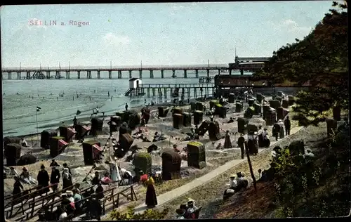 Ak Ostseebad Sellin auf Rügen, Strand, Seebrücke