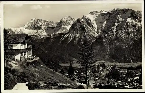 Ak Mittenwald in Oberbayern, Kranzberghaus und Karwendelgebirge