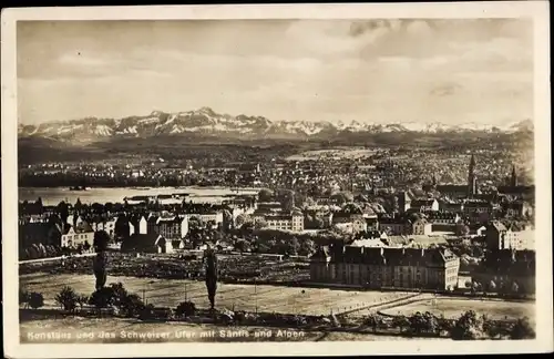 Ak Konstanz am Bodensee, Panorama, Schweizer Ufer mit Säntis und Alpen