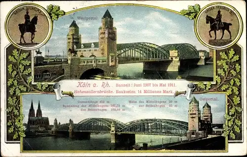 Ak Köln am Rhein, Hohenzollernbrücke, Westportal, Ostportal, Dom