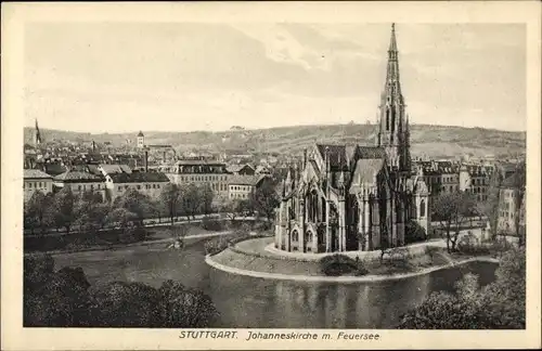 Ak Stuttgart in Württemberg, Johanneskirche mit Feuersee