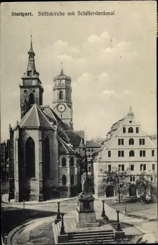 Ak Stuttgart, Stiftskirche mit dem Schillerdenkmal