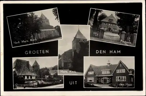 Ak Den Ham Overijssel, Ned. Herv. Kerk, Pastorie, Herv. Kerk, Dorpsgezicht